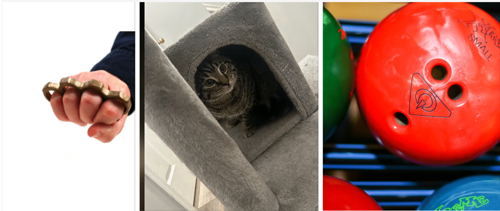 A cat sitting on top of a cat tree next to a ball.