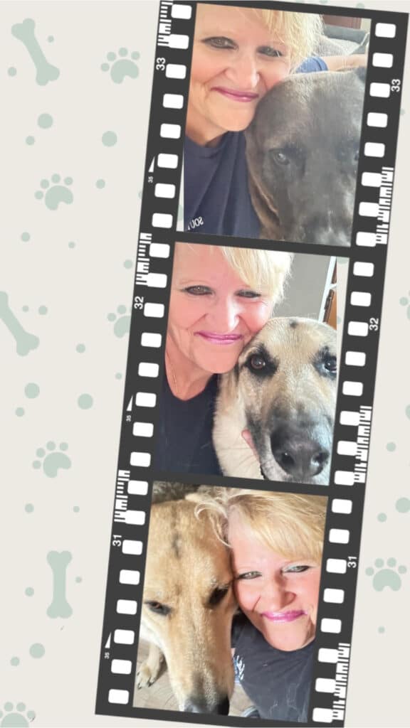 A woman and her dog are in a film strip.