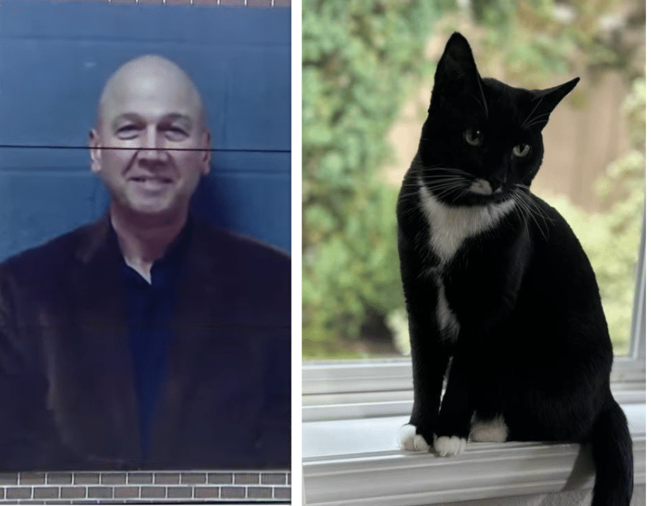 A man and a cat are side by side.