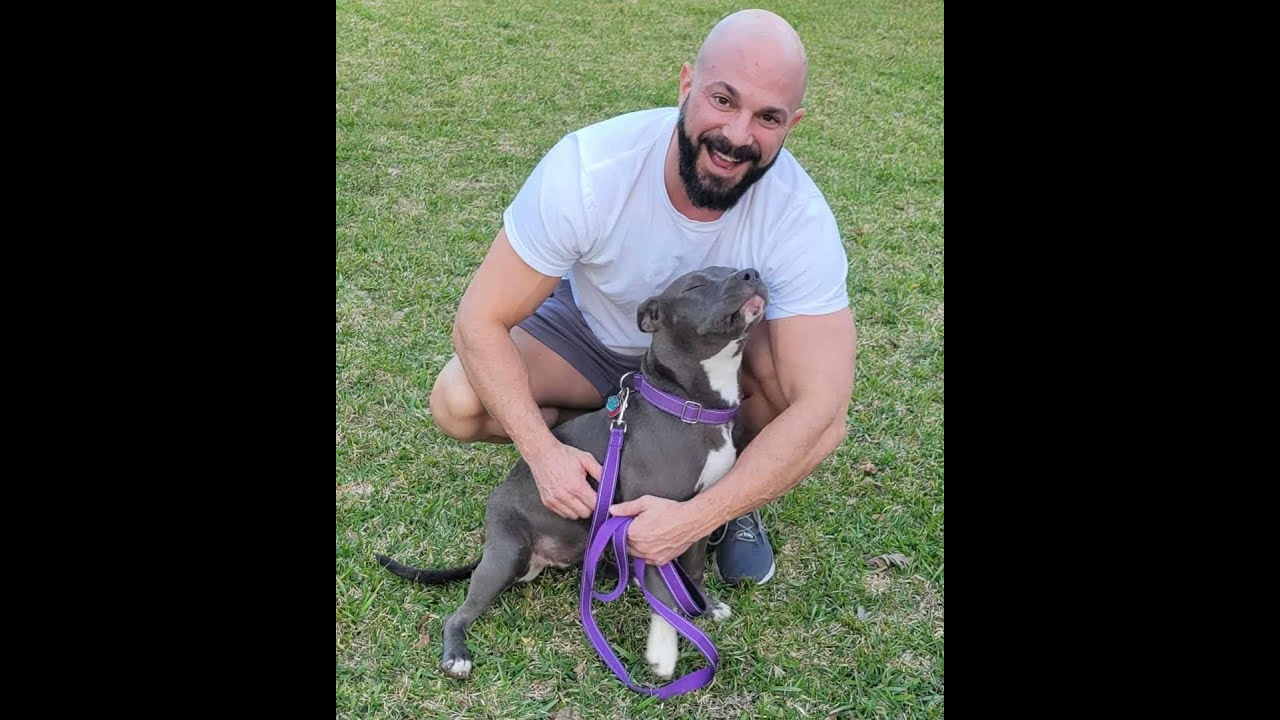A man holding a dog on a leash.